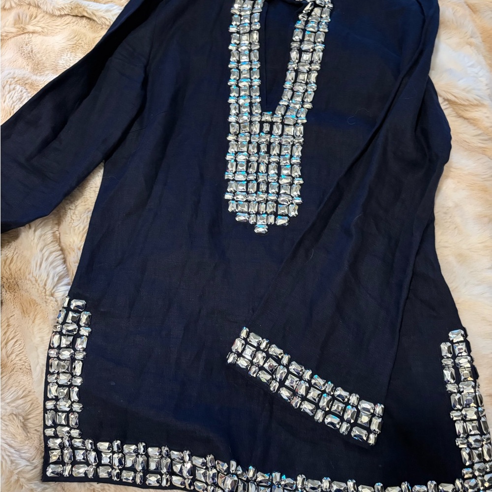Tory Burch Navy Tunic Top with Silver Gem Accents